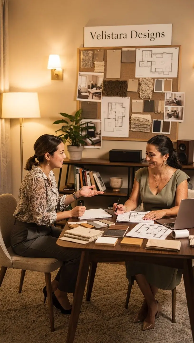 Mūsdienīgs ofisa reģistratūras dizains ar ērtām mēbelēm un siltām krāsām.