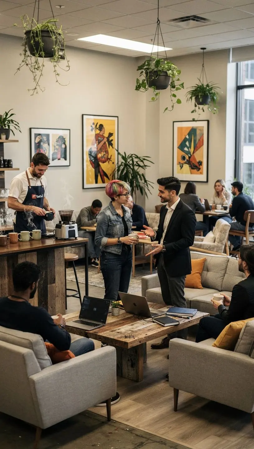 Skats uz ofisa interjeru ar skaidru plūsmu un organizētu telpu.